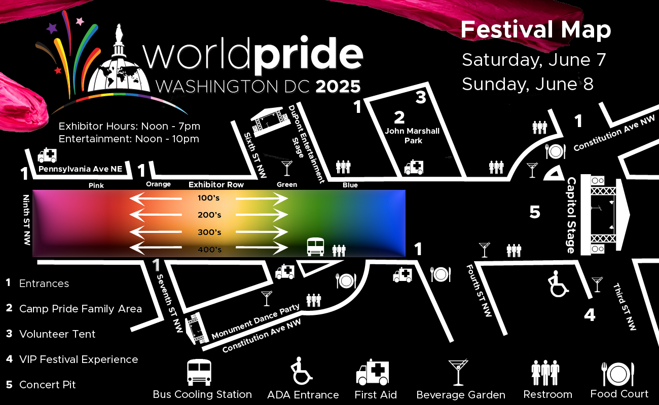 Festival map for World Pride Washington DC 2025, showing event schedule, entrance locations, entertainment stages, and various festival areas with color-coded spectrum.