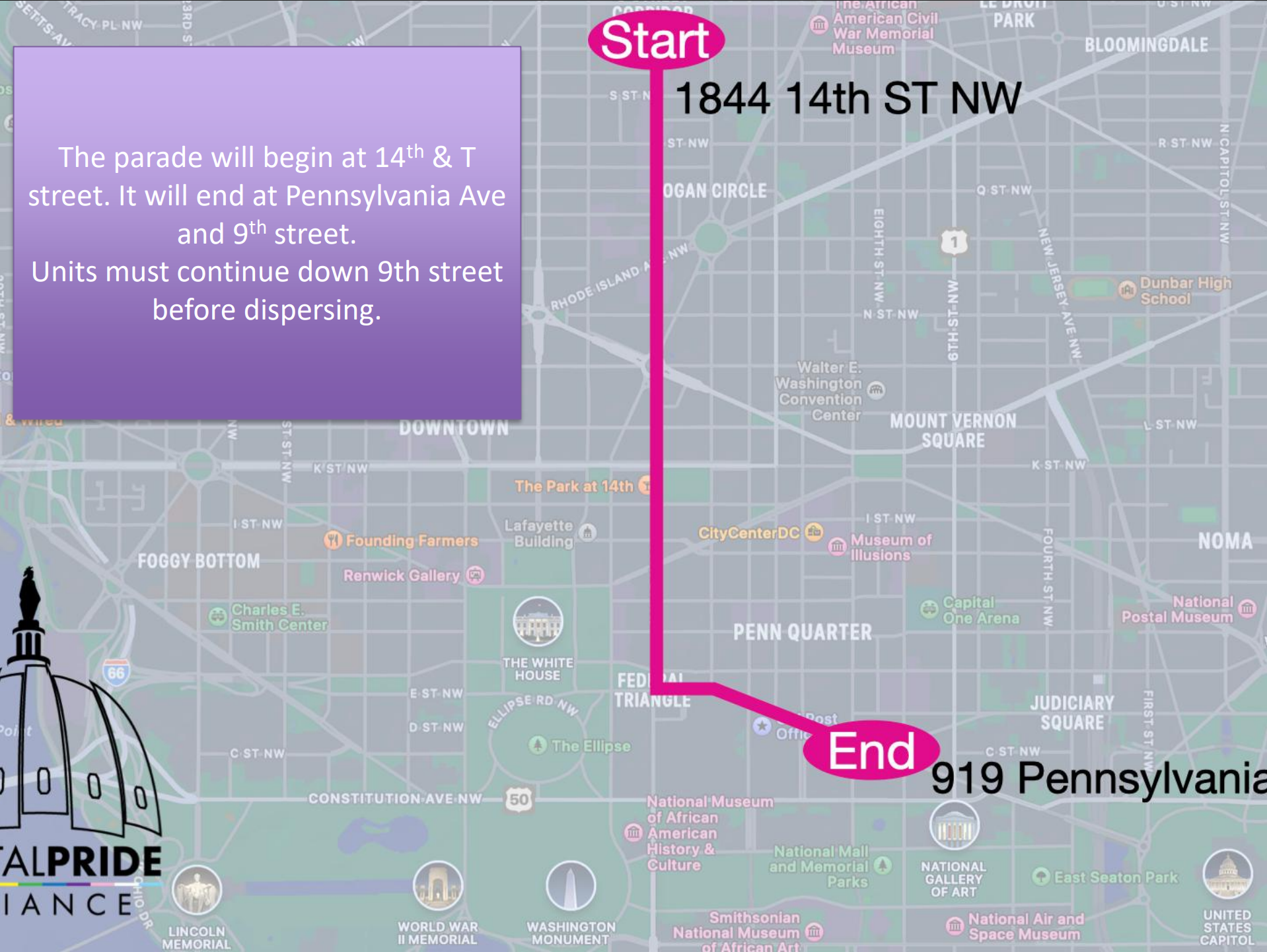 Map showing the route of a parade starting at 14th and T Street NW, ending at Pennsylvania Avenue and 9th Street, with instructions for units to continue down 9th Street before dispersing.