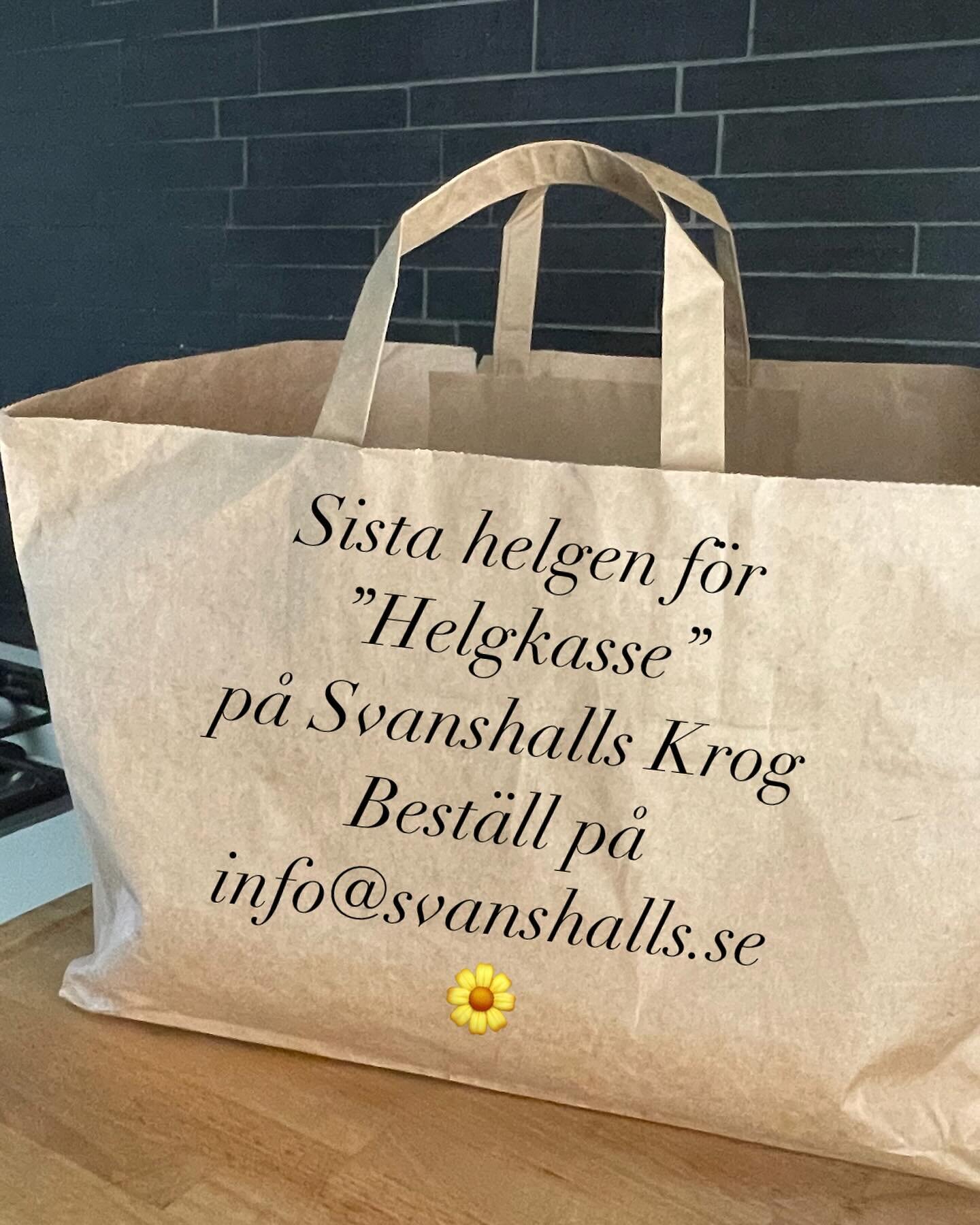 Nu &auml;r det sista helgen f&ouml;r v&aring;r popul&auml;ra &rdquo;helgkasse&rdquo;. 
Tv&aring; alternativ finns ~ gourmet kasse eller asiatisk kasse. 
Vi beh&ouml;ver din best&auml;llning en dag innan p&aring; info@svanshalls.se 
Avh&auml;mtning &a