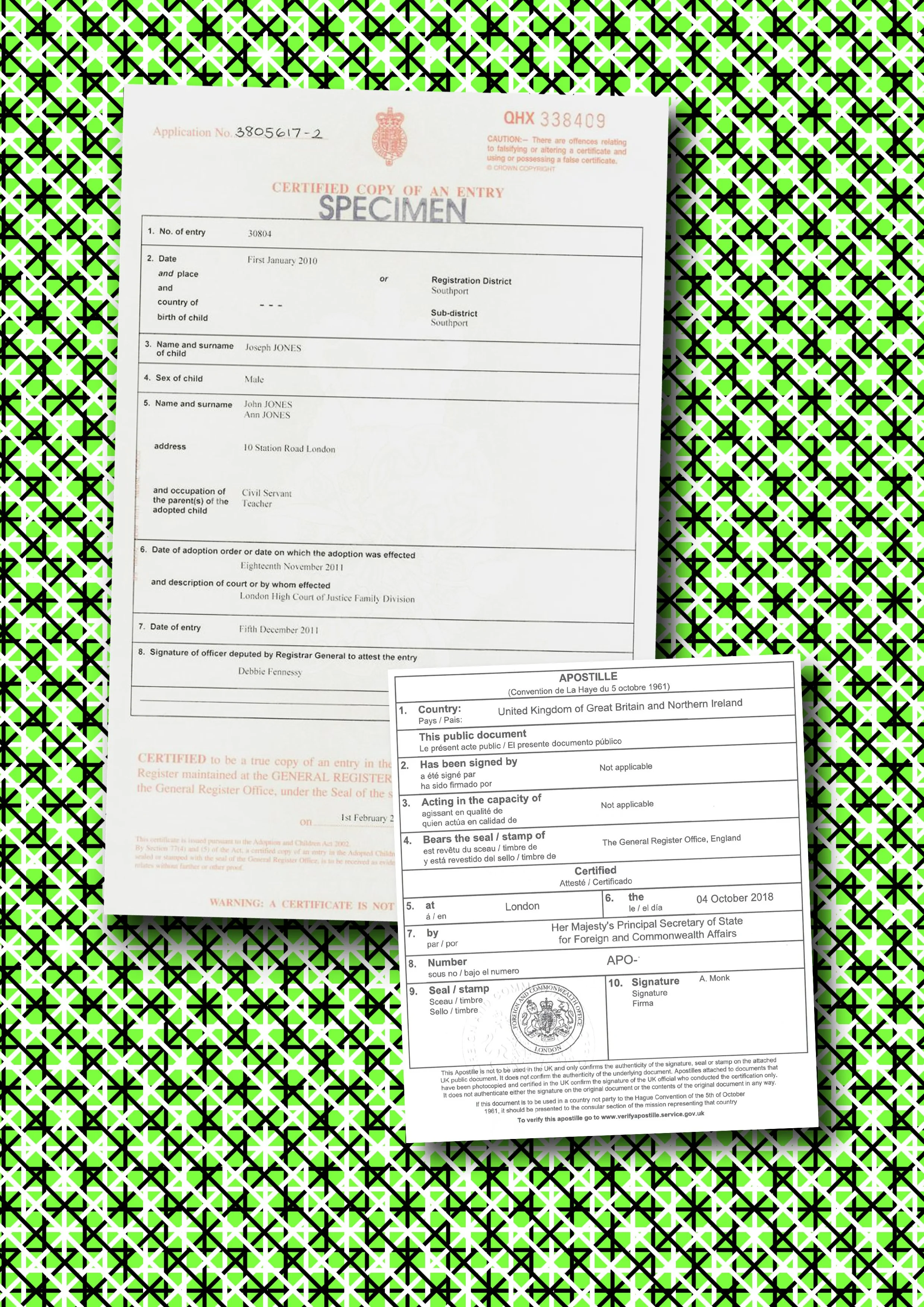 A UK issued Adoption Certificate with UK issued apostille