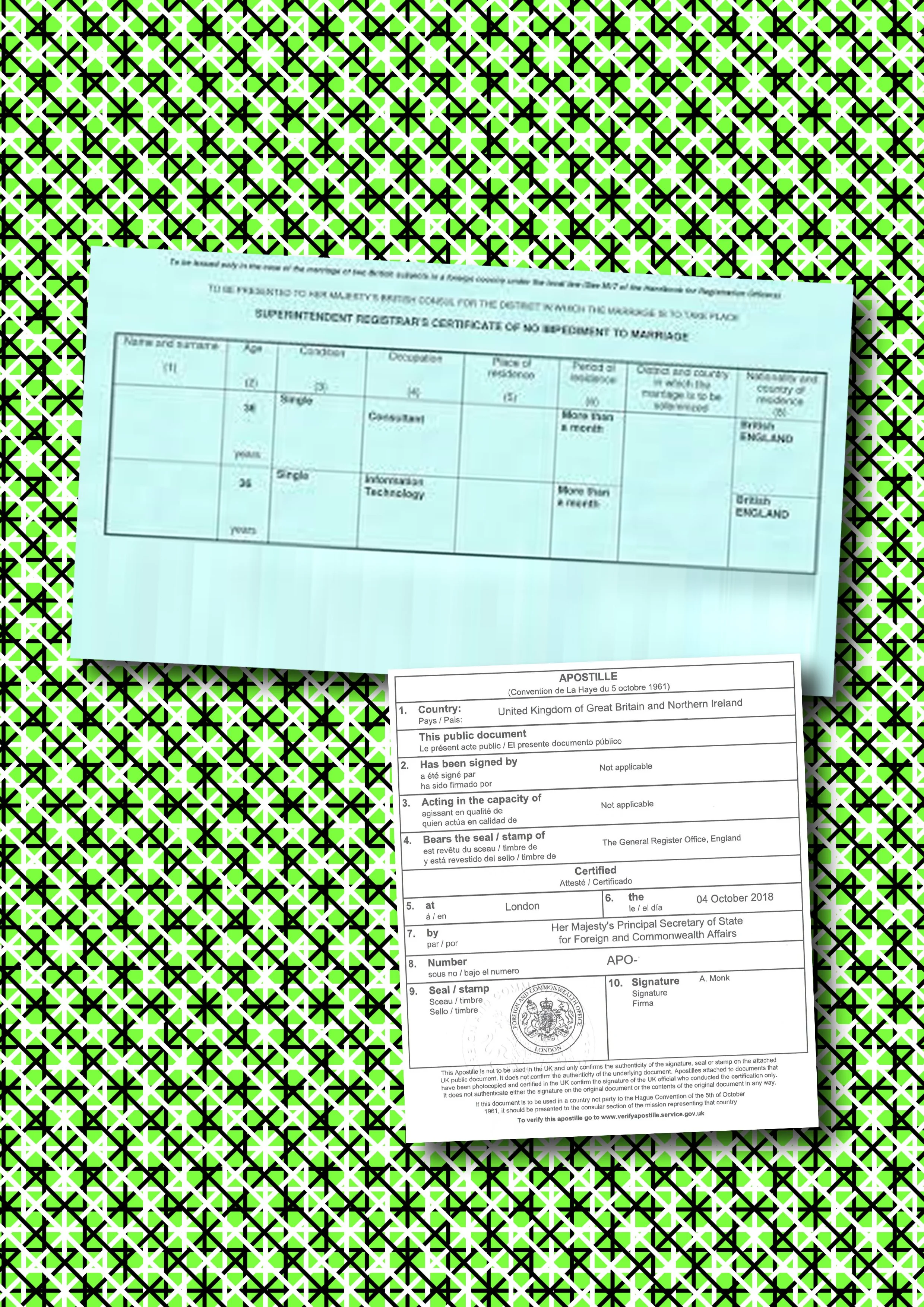 A UK issued Certificate of No Impediment with UK issued apostille