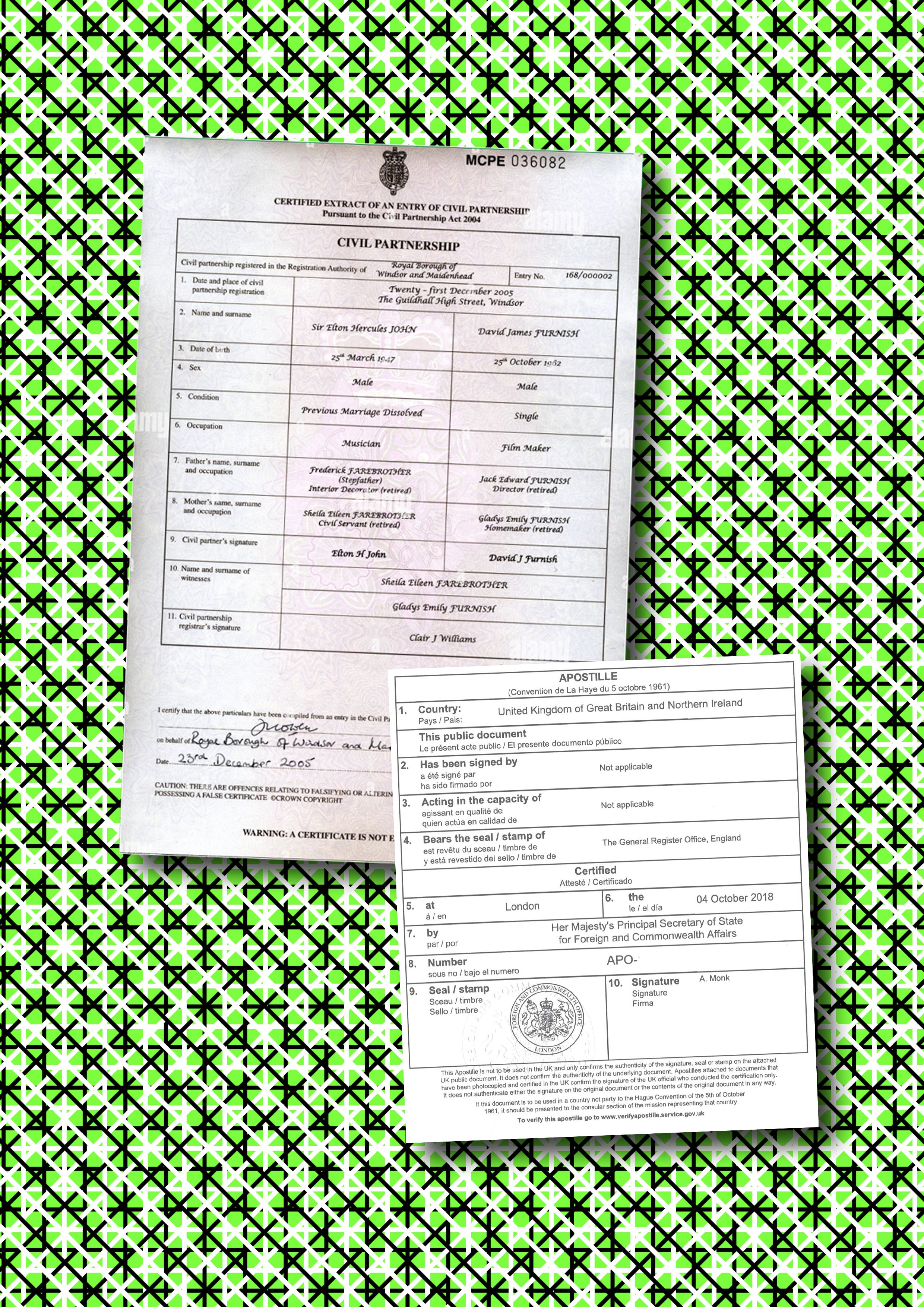 A UK issued Civil Partnership Certificate with UK issued apostille