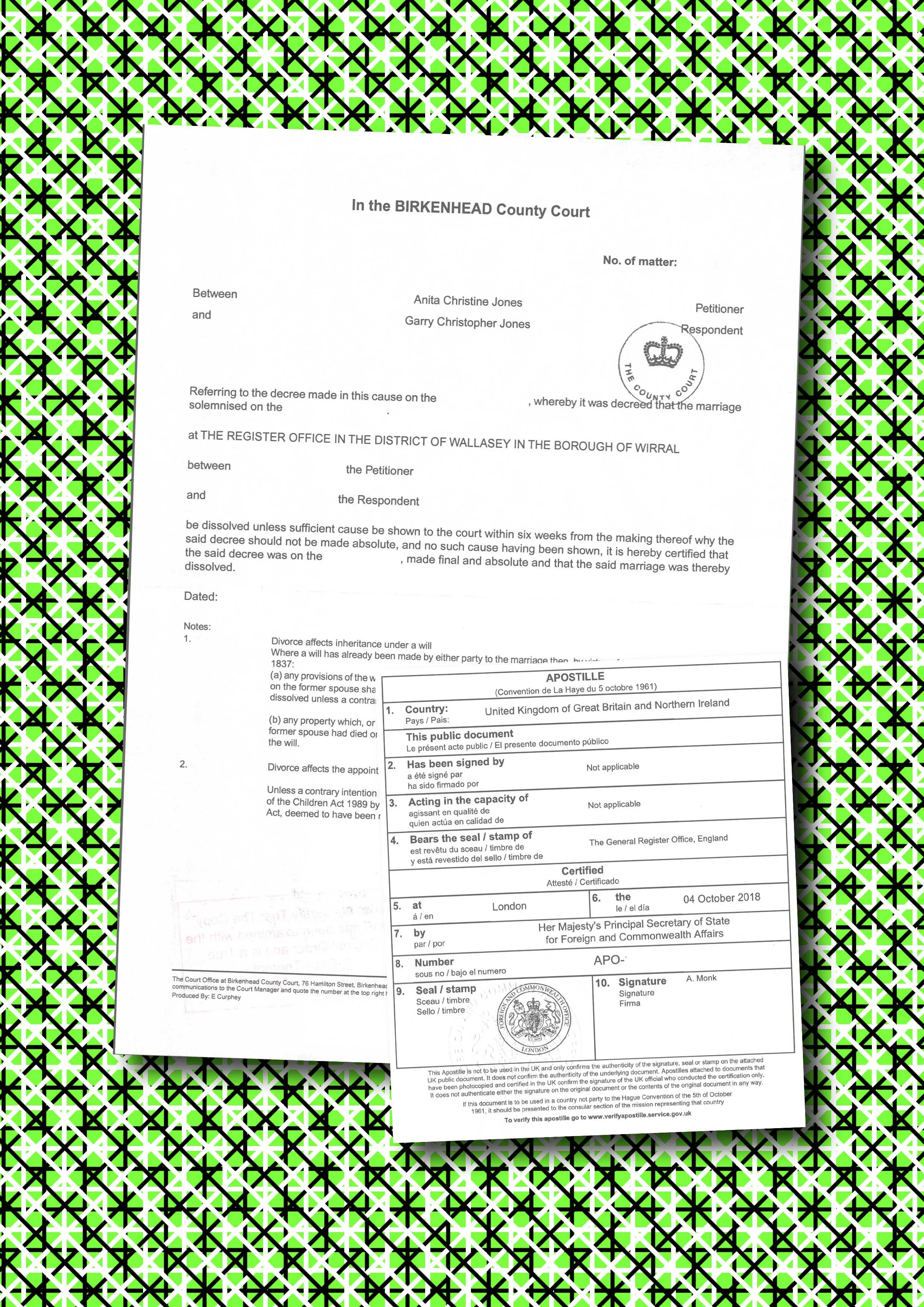 Court Order (with digital image signature) and UK issued apostille