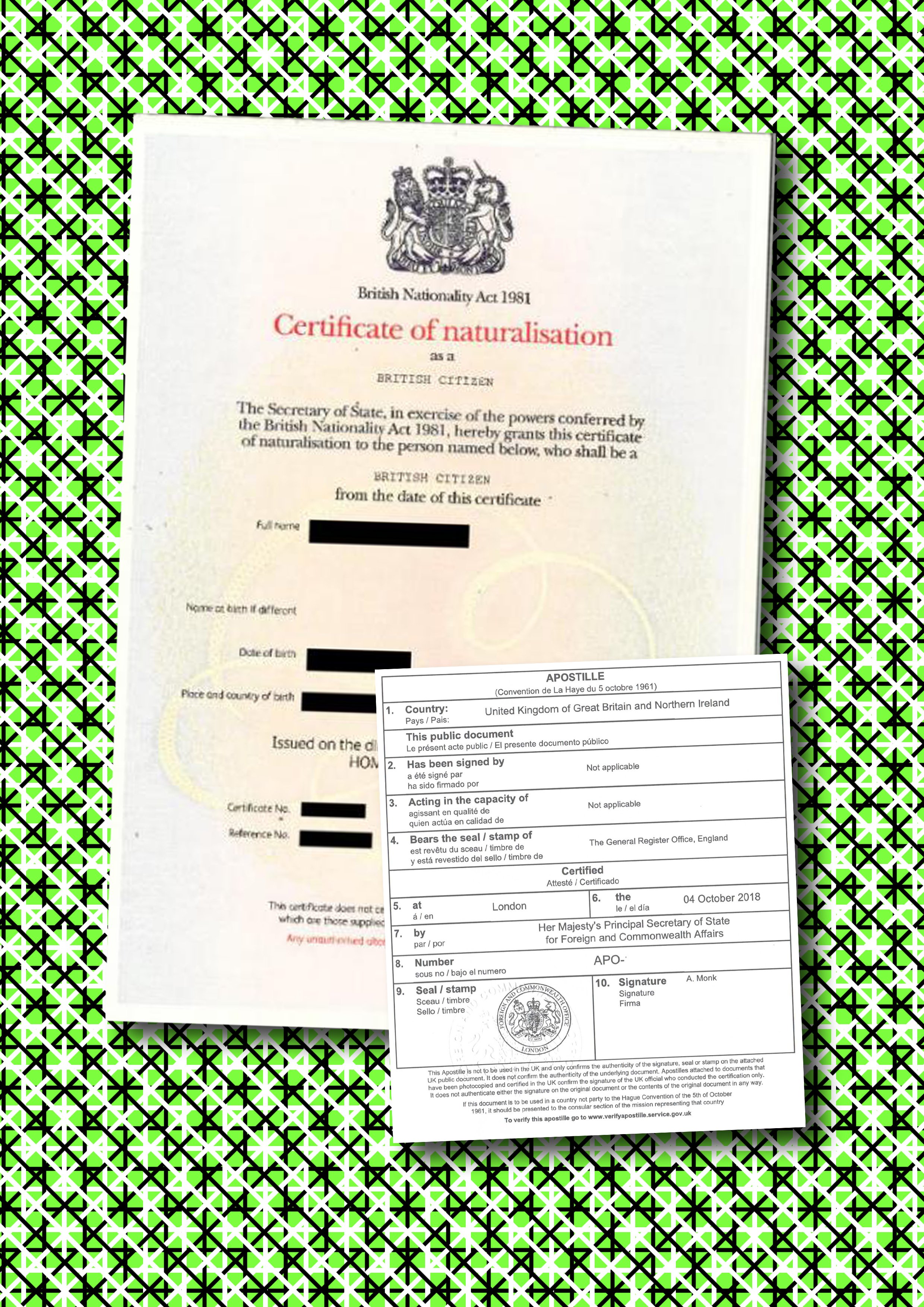Certificate of Naturalisation with UK FCDO Apostille