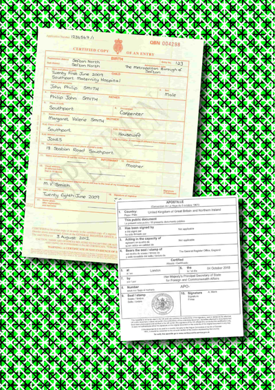 A UK issued Birth Certificate with UK issued apostille