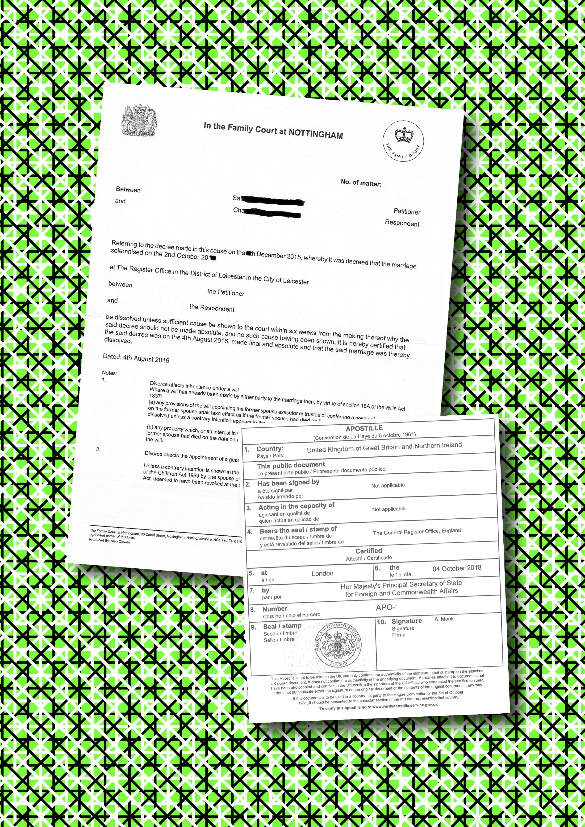 UK court-issued Decree Absolute with UK issued apostille