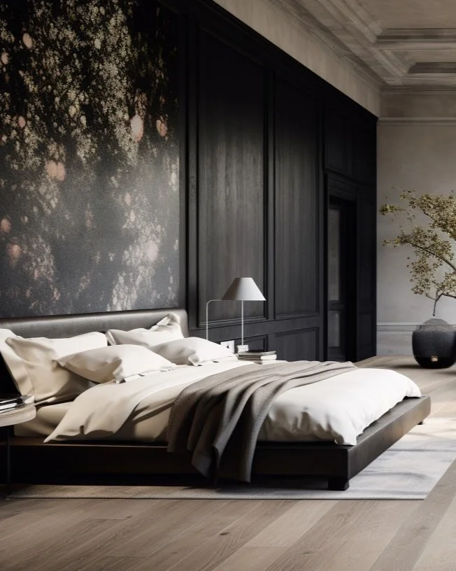 A Master Bedroom, with a dark oak panelling wall, and nude oak wood floor, in a house in Klampenborg, Denmark. Scandinavian design house.