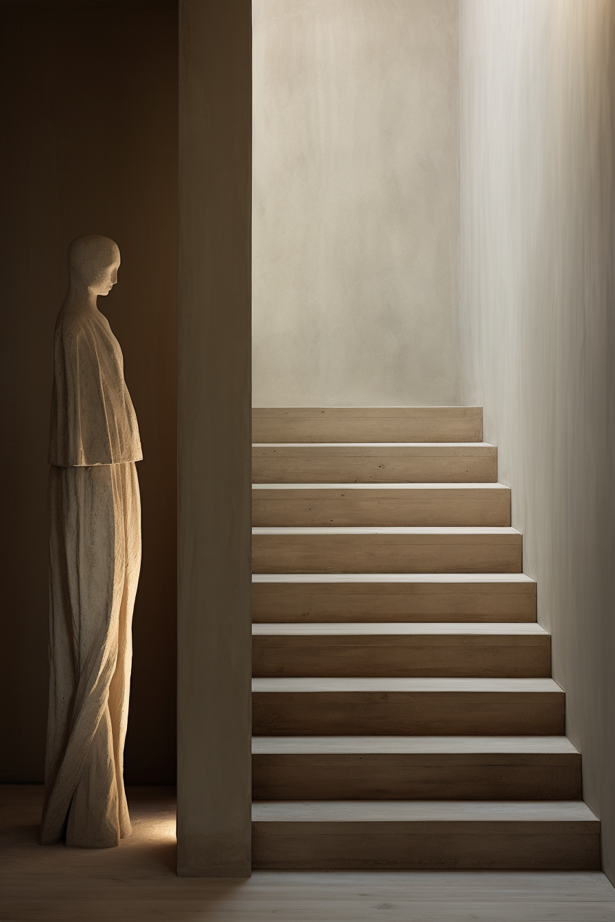 A monastic Belgian home staircase, in Antwerp, white washed oak wood floor, with limewashed wall.