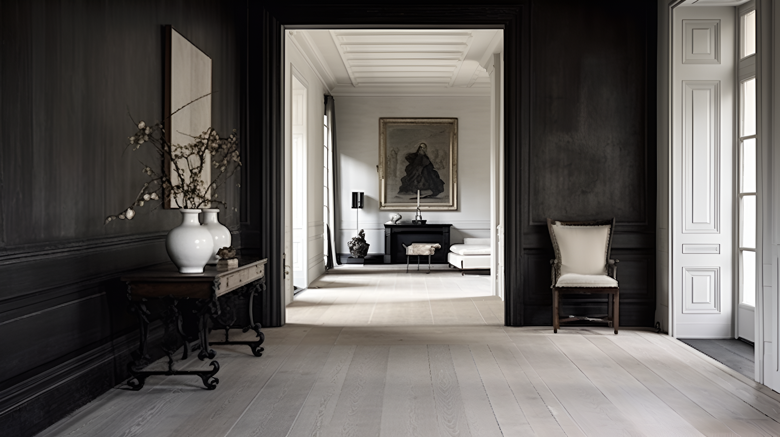 A dark entrance hall, in a house in Klampenborg, Denmark. a dark oak wood panelling with nude oak wood floor. Scandinavian house, classic nordic house.