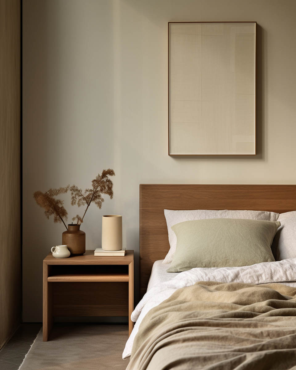 A monastic Belgian home Master bedroom, in Antwerp, Oak wood headboard, modern, lime wash, cozy, minimalist