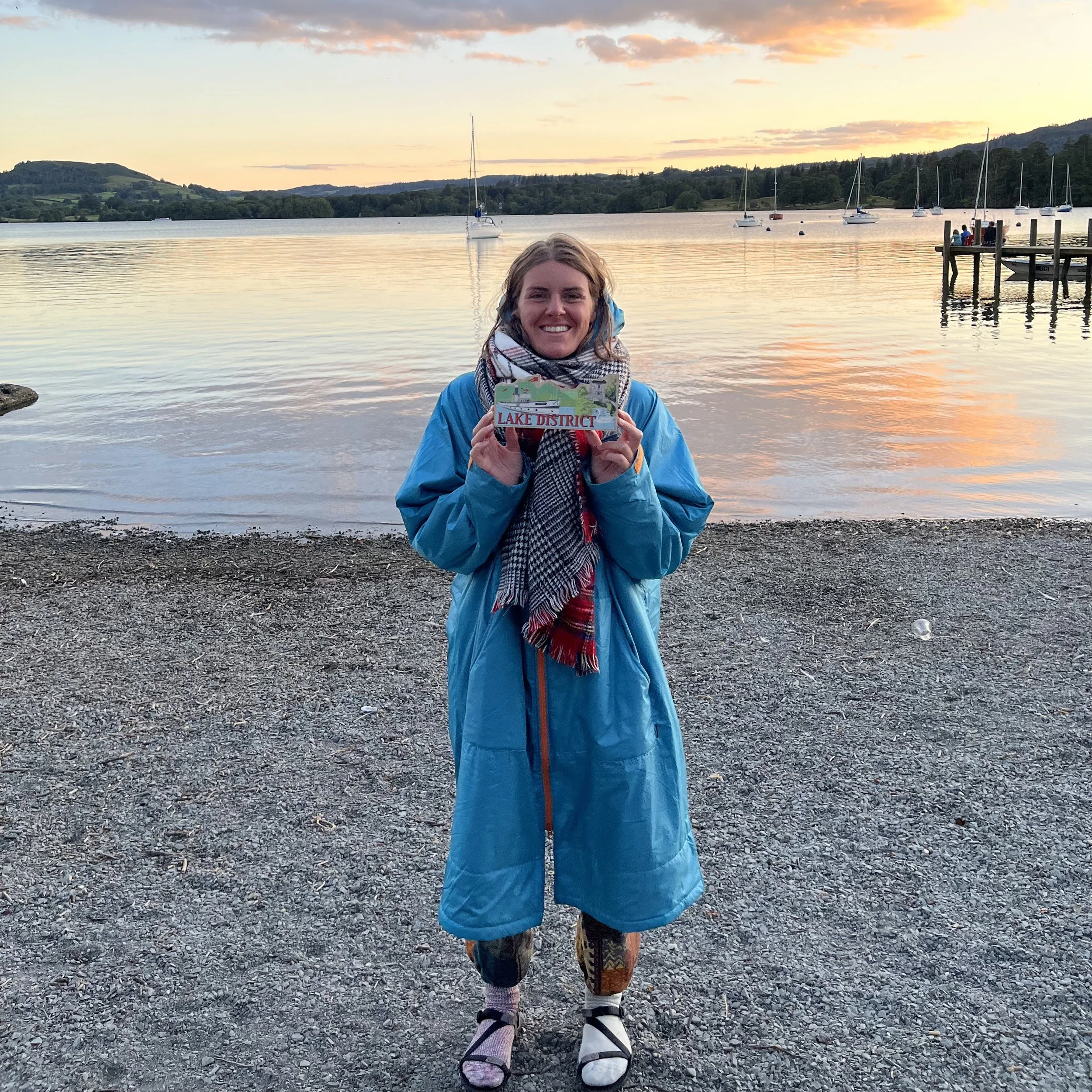 Laura celebrating solo Lake Windermere swim