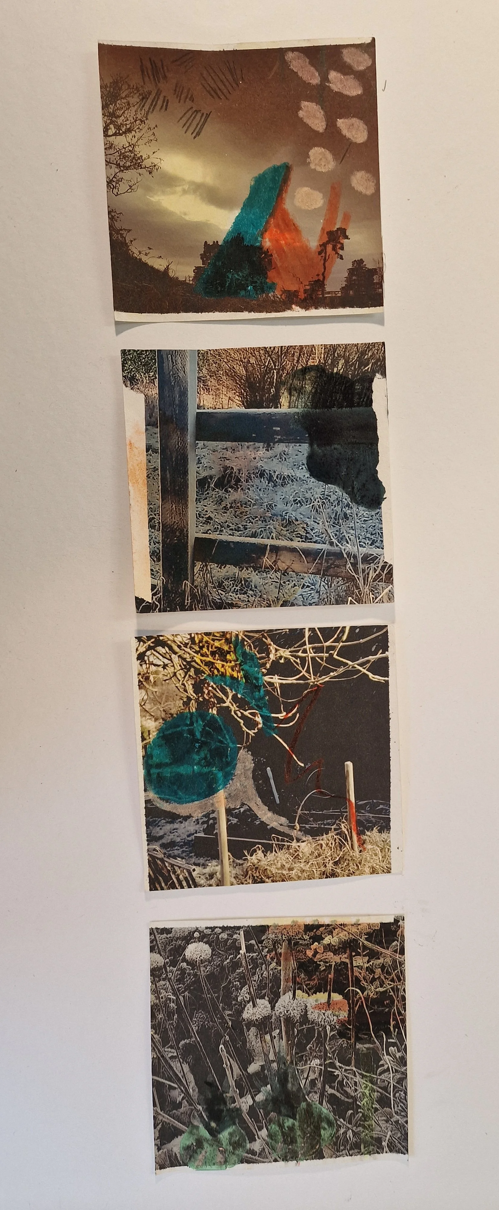 Memory Study 
Mixed Media on paper 
Series of sketches with shapes from landscapes, over printed with photographs of areas around South Co. Carlow. I used it as an exercise in trying to understand how I sit in this land and how I can honour those who