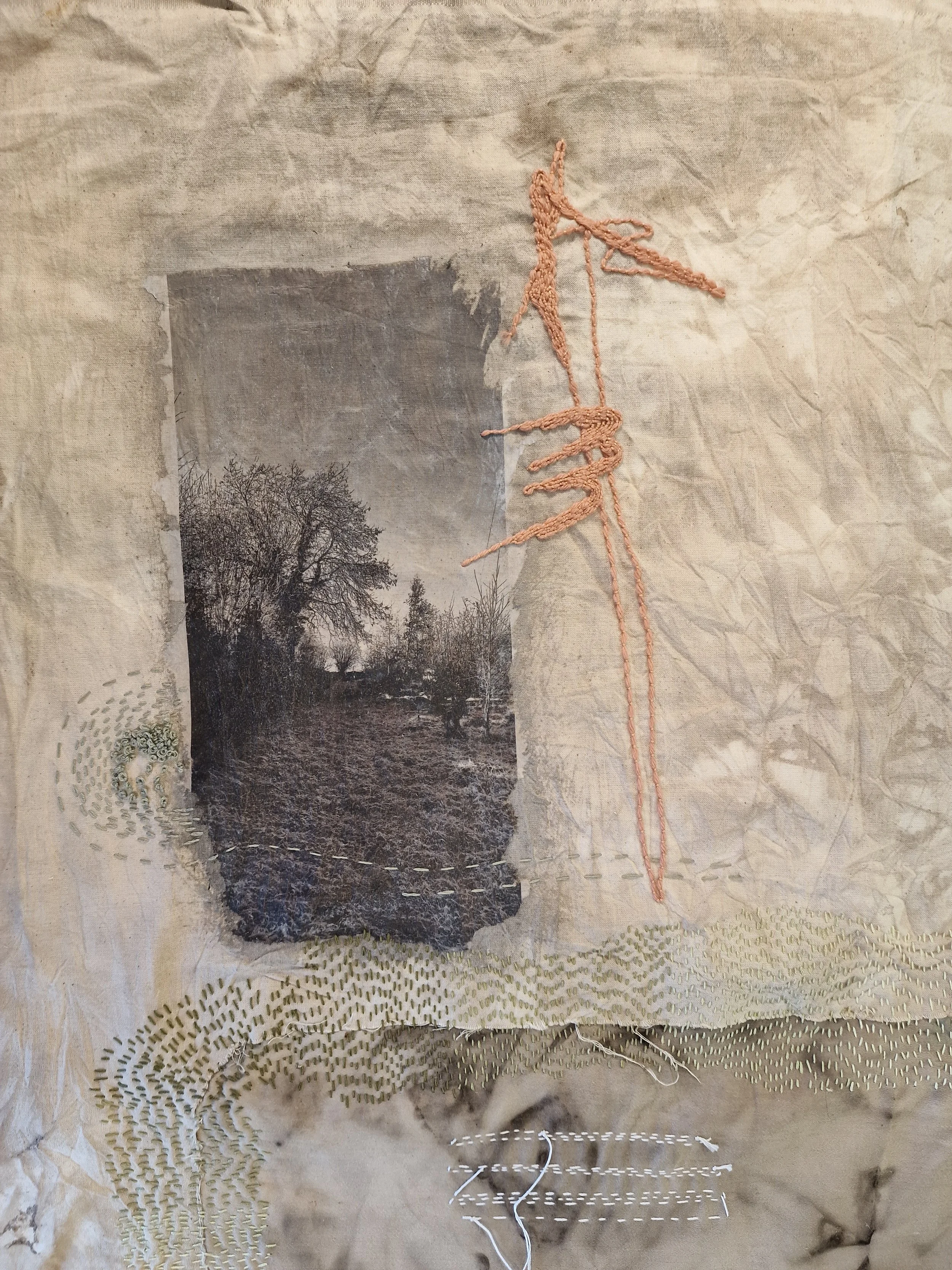 A wrinkle in time

Rust dyed cotton, image transfer, cotton thread
Photo transfer of a rural scene on rust dyed cotton fabric overlaid with hand stitch. Shapes taken from notebook drawings are stitched over this and running stitch moves over the piec