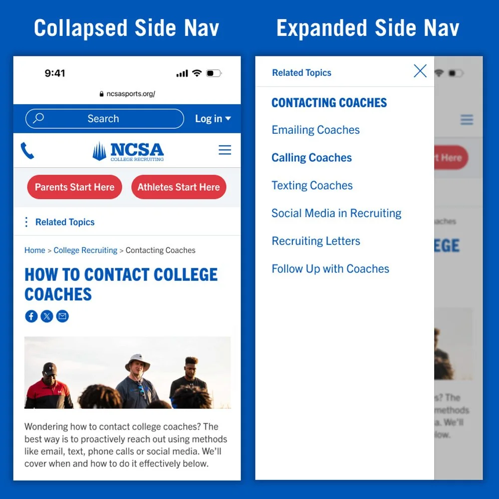 A left mobile sidenav was added to solve for the lengthy interior page side nav that was available on desktop. Originally the mobile side navigation relied on stacked links at the top of each page or created another layer of dropdown under the hambur