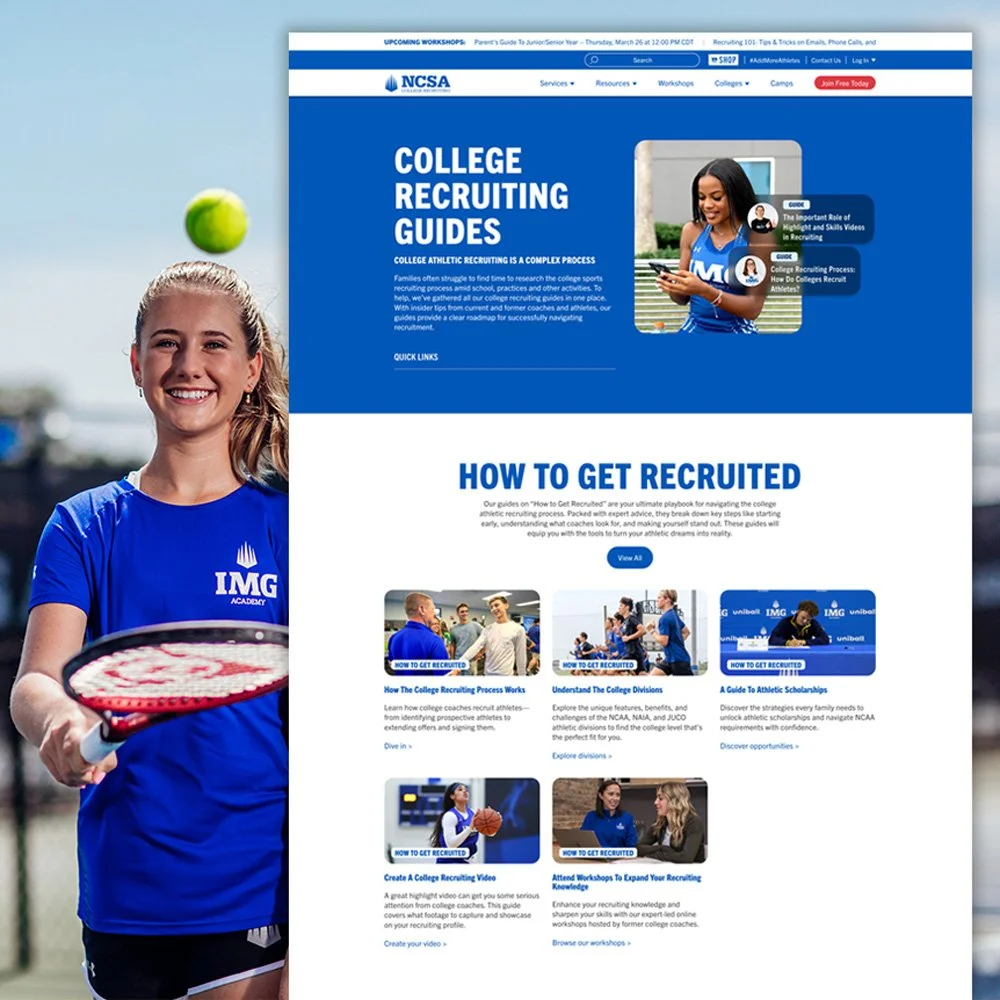 NCSA prides itself on educating their audience and this page serves as a portal to different educational guides and resources that users can use in their recruiting journey. Jump links at the top of the page make it easy for users to navigate to the 