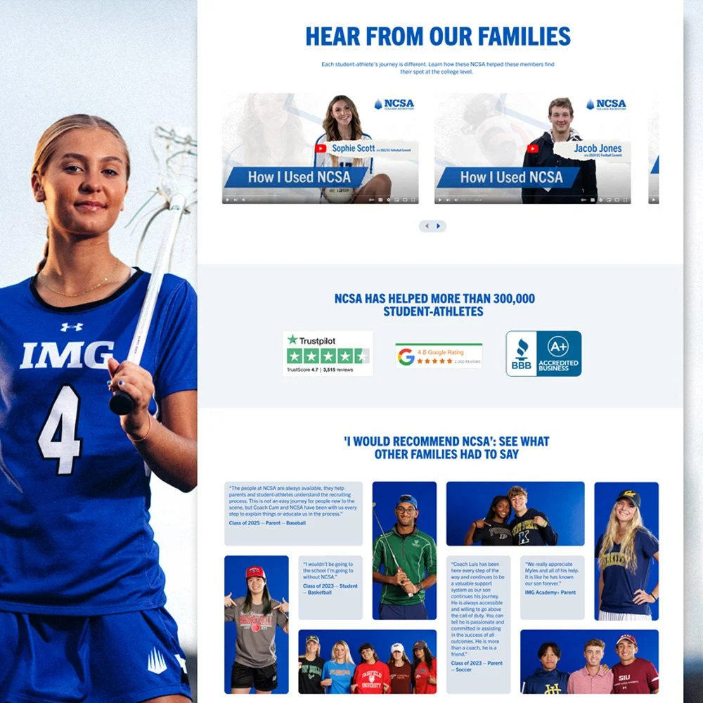 Like most reviews pages, NCSA's reviews page goal is to create trust with our potential consumer. The different sections tell the stories of our committed athletes in different ways: video so they can hear the voices of families that have used the se
