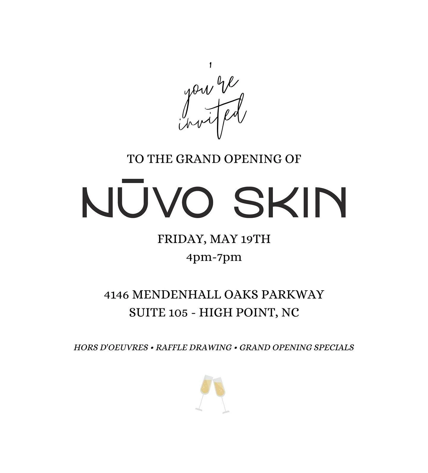 It&rsquo;s happening, y&rsquo;all!! 🎊

Come join me on Friday, May 19th from 4-7pm for the grand opening of NŪVO SKIN! I&rsquo;ll have hors d&rsquo;oeuvres, a raffle drawing and grand opening specials! 

I&rsquo;m also now accepting new clients! You