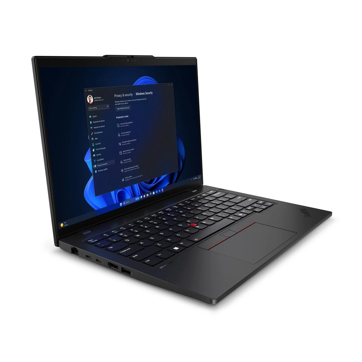 Lenovo ThinkPad L14 Gen 5 open at an angle, showing the screen, keyboard and red TrackPoint.