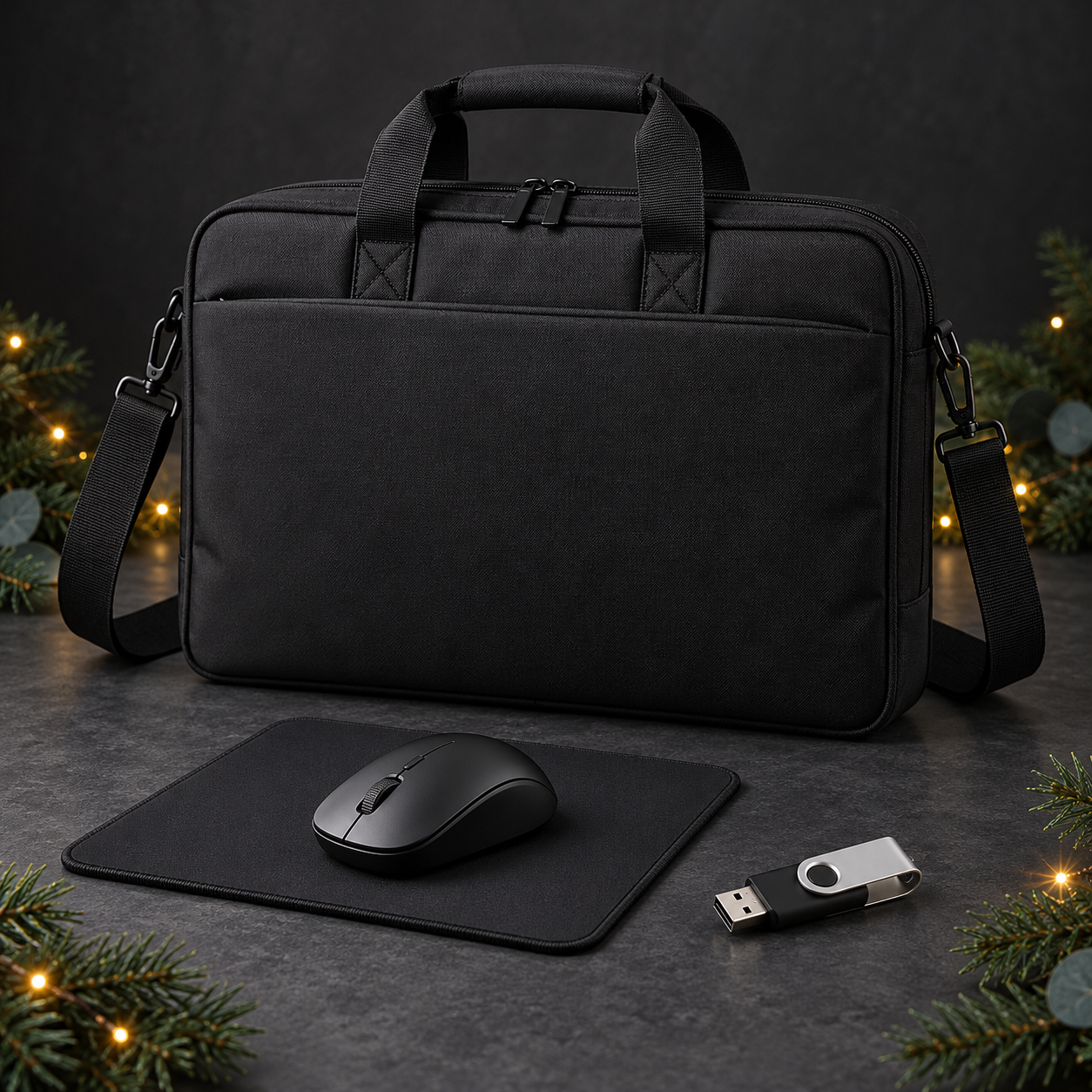 Black padded laptop bag, wireless mouse, mouse mat and USB memory stick with subtle Christmas decorations.