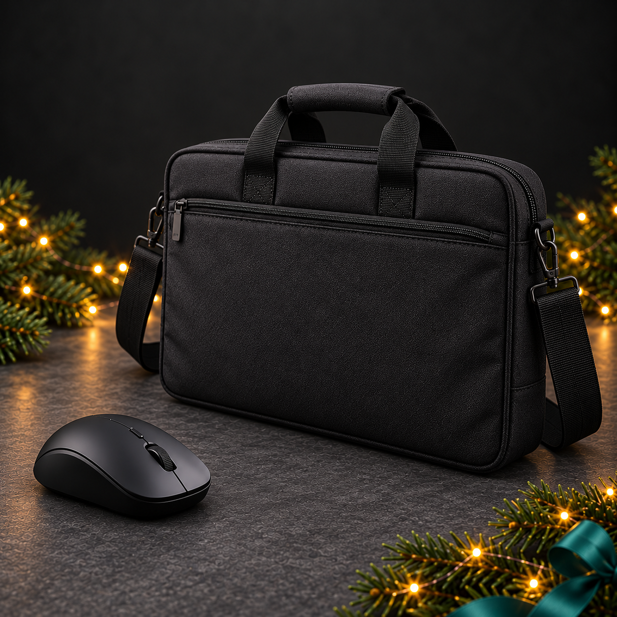 Black laptop shoulder bag shown at an angle with a wireless mouse, evergreen decorations, warm Christmas lights and a teal ribbon.