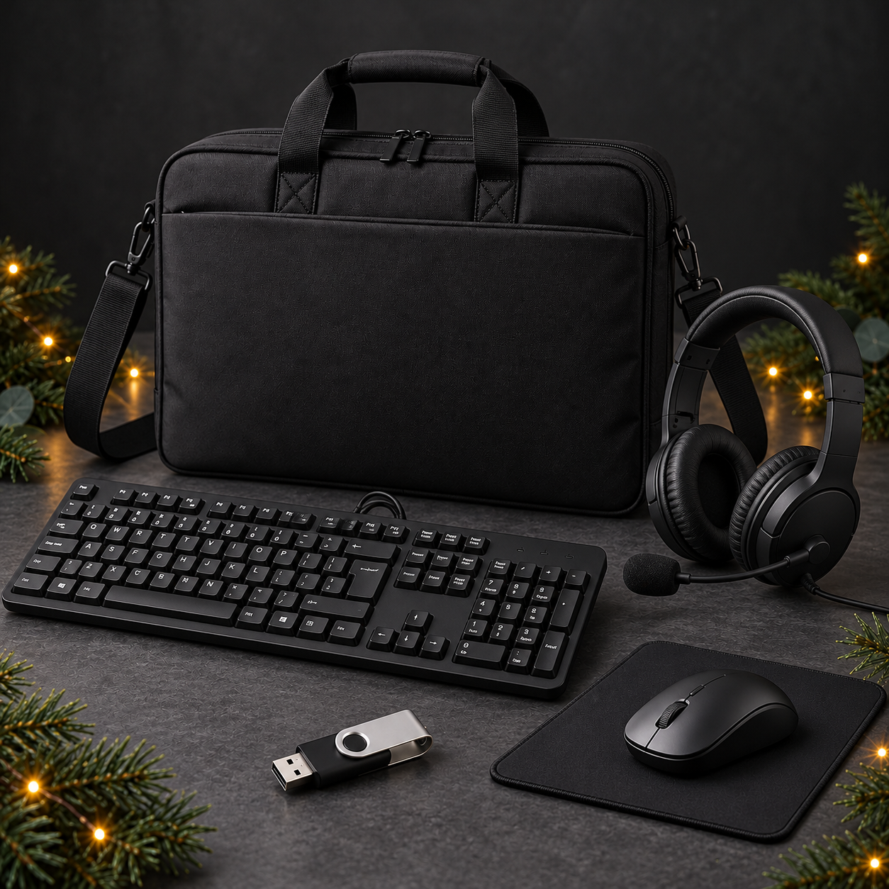 Black laptop bag, keyboard, wired headset, wireless mouse, mouse mat and USB memory stick with Christmas decorations.