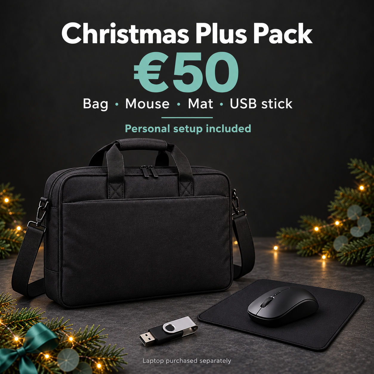 Christmas Plus Pack, €50: padded laptop bag, wireless mouse, mouse mat and USB stick. Personal setup included. Laptop purchased separately.
