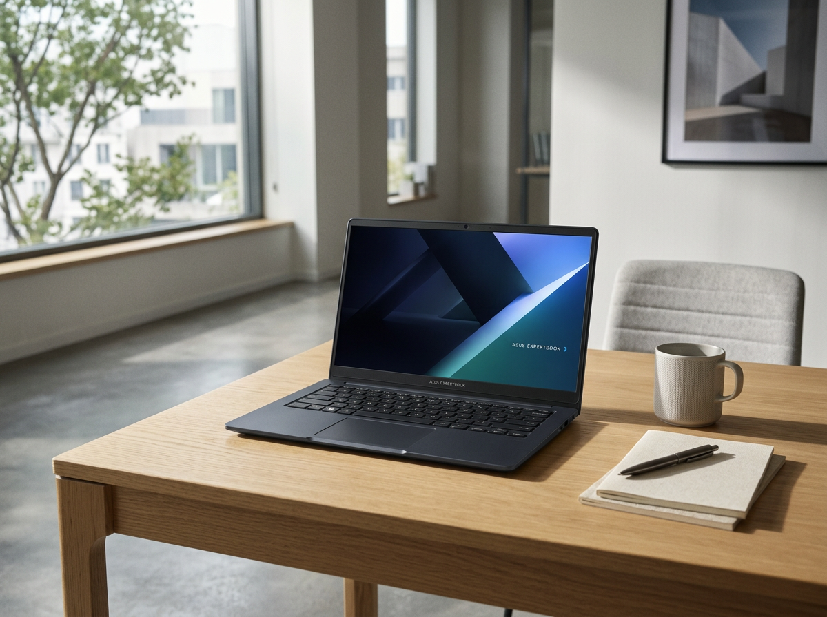 ASUS ExpertBook BM1 14-inch laptop open, viewed from the front. in a well lit office setting