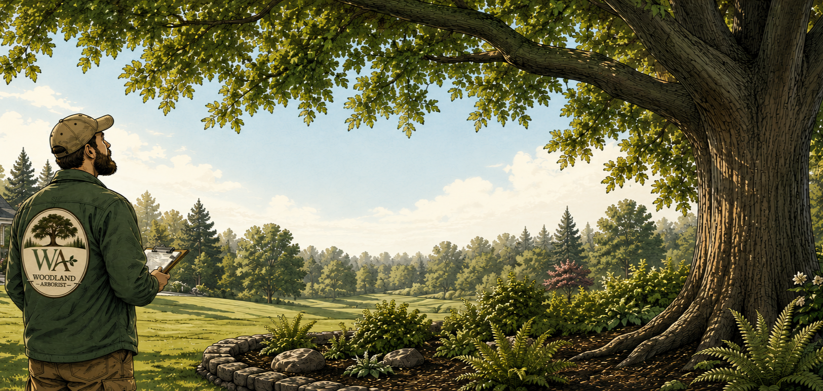 A Woodland Arborist standing outdoors under a large tree, holding a clipboard and looking at the forest landscape with a clear sky.