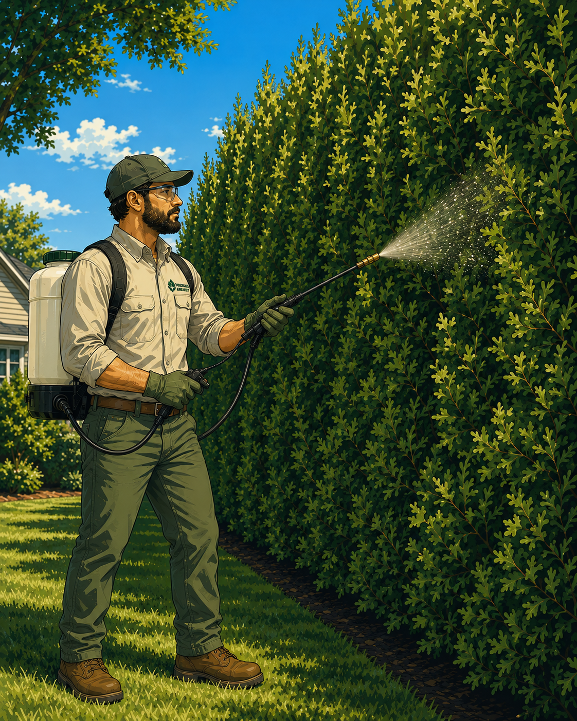 A man applying spray to a large green hedge outside on a sunny day with a blue sky