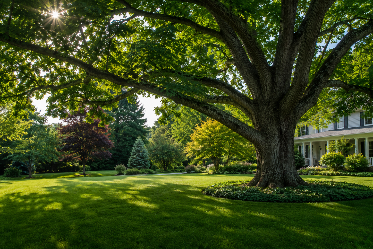 A large tree with a thick trunk and sprawling branches in a lush green yard, with sunlight filtering through the leaves, and a white house visible in the background.