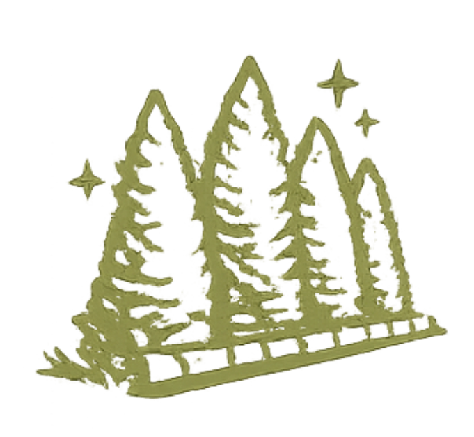 Line drawing of a cabin surrounded by tall pine trees with a snow-covered roof and a chimney.
