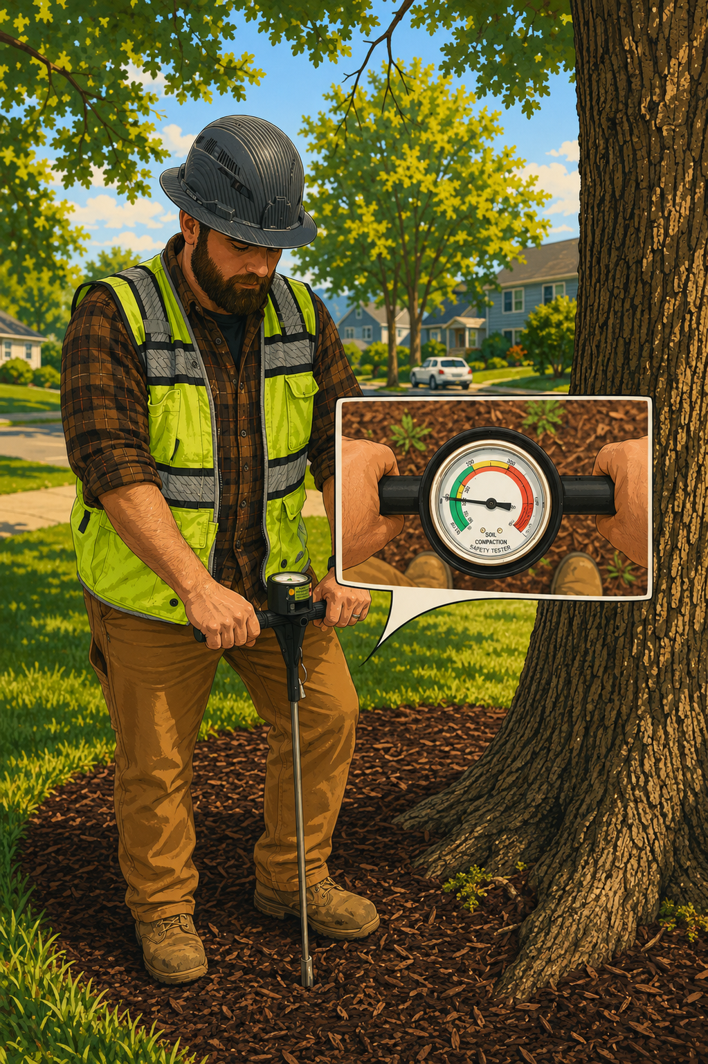 A man wearing a black hard hat, yellow safety vest, and plaid shirt is testing soil moisture levels with a soil compaction safety tester in a suburban yard. An inset shows a close-up of hands holding a soil moisture meter, indicating dry soil.