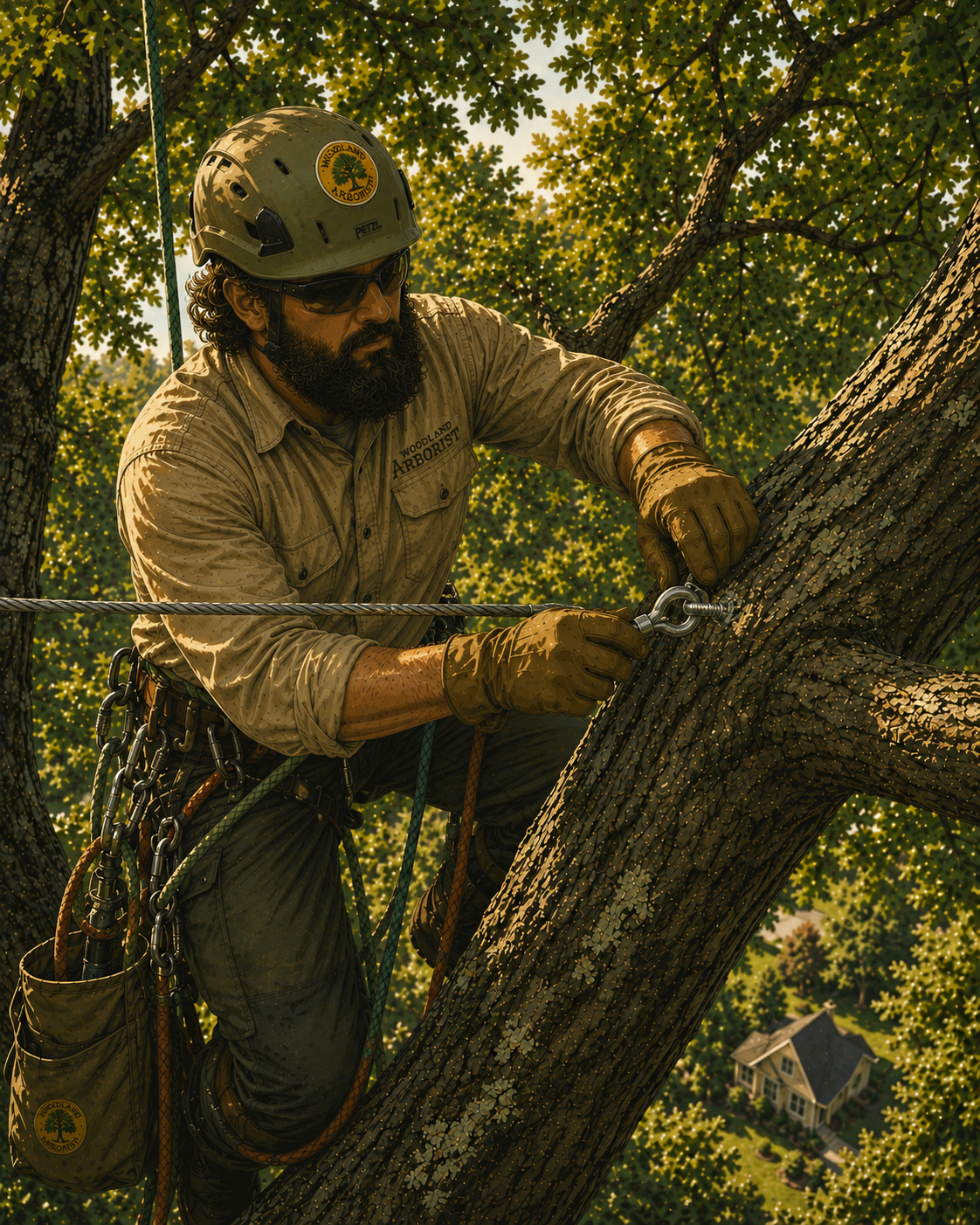 A male arborist is climbing a large tree, wearing safety gear including a helmet, sunglasses, gloves, and a harness, while using a metal tool to inspect or trim the tree.