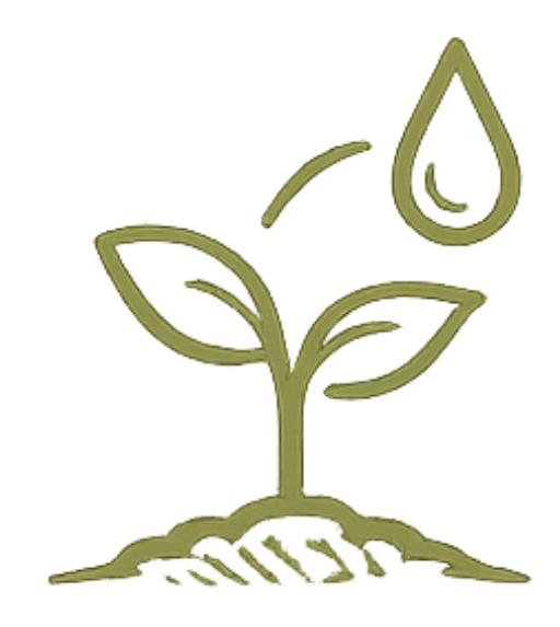 A stylized illustration of a young plant with three leaves growing from the ground.
