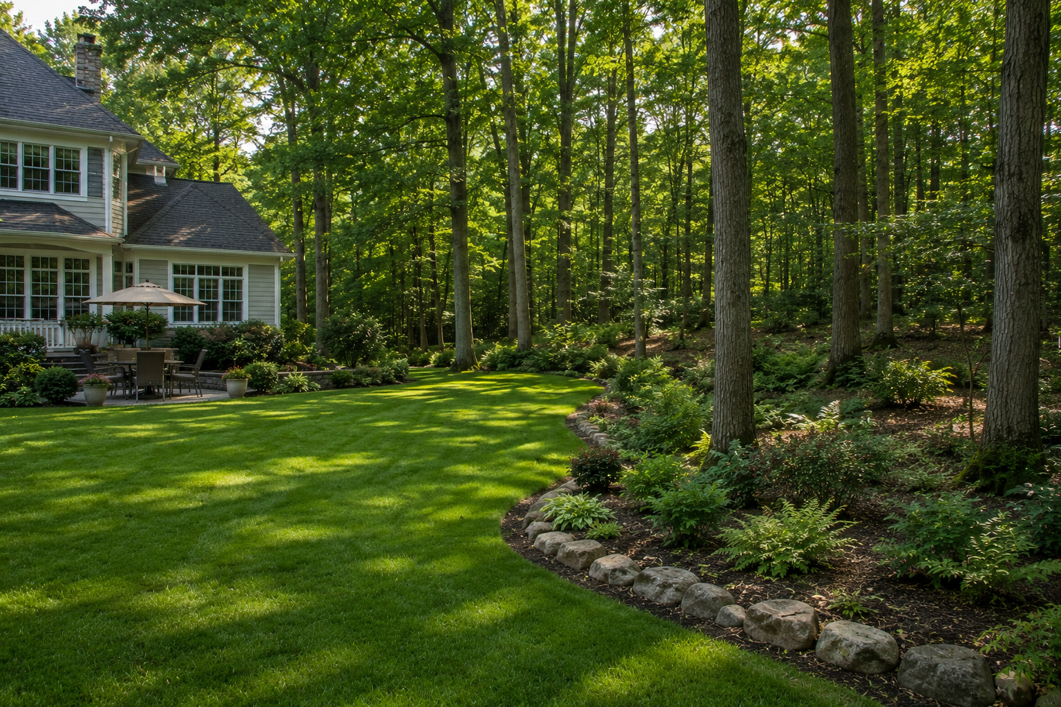 Backyard with a green lawn, patio with outdoor furniture and umbrella, surrounded by trees and landscaped plants.