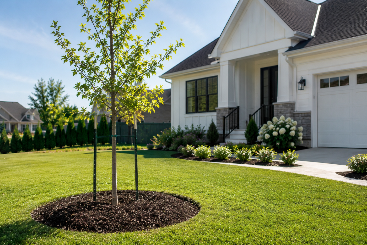 A young tree planted in a landscaped front yard with green grass, flowering plants, and a white house with a black door and stairs.