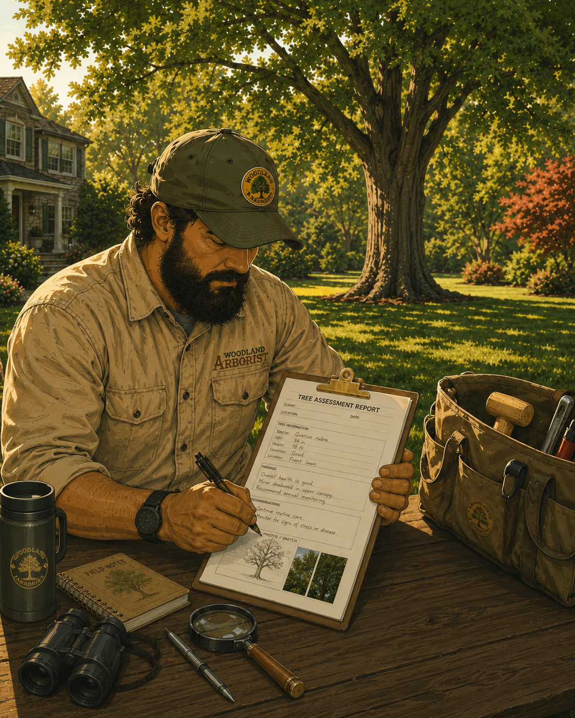 A bearded arborist in uniform, holding a tree assessment report, sits at a wooden table outdoors with green trees and a large house in the background. Items on the table include binoculars, field notes, a magnifying glass, a pen, and a toolkit.