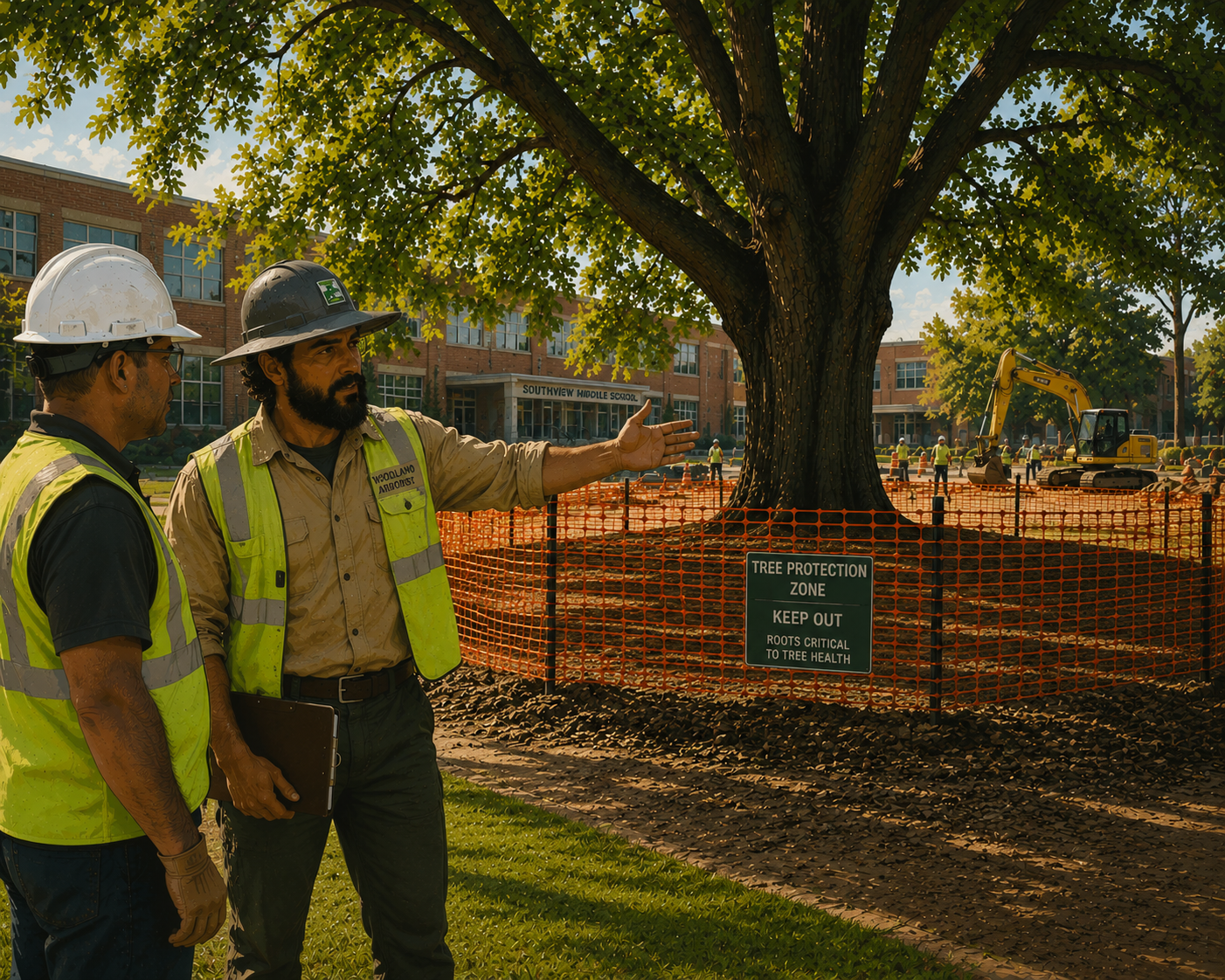 Two construction workers wearing safety vests and hard hats standing near a large tree at a school site with construction equipment in the background, including a small excavator and workers, with a sign reading 'Tree Protection Zone Keep Out Roots Critical to Tree Health'.