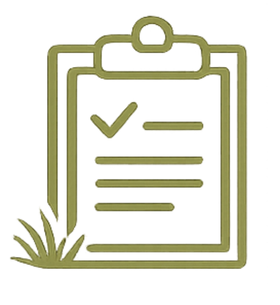 Icon of a clipboard with a checkmark and horizontal lines, with a small plant at the bottom left corner.