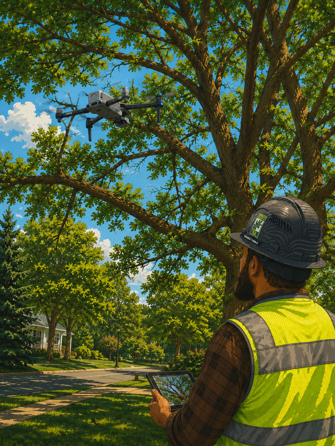 A man wearing a safety helmet and vest operating a drone with a tablet in a residential neighborhood with large trees and a blue sky.