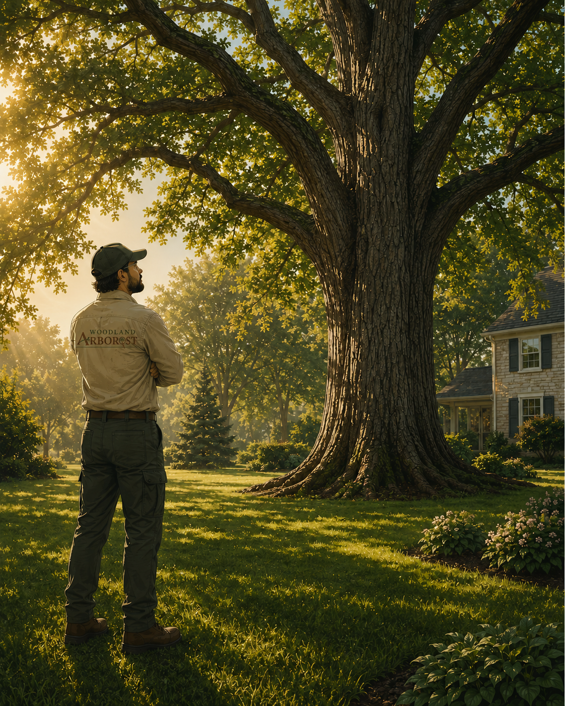 An arborist wearing a uniform with the words 'Woodland Arborist' on the back, standing with arms crossed and looking at a large tree in a sunlit yard, with a house in the background.