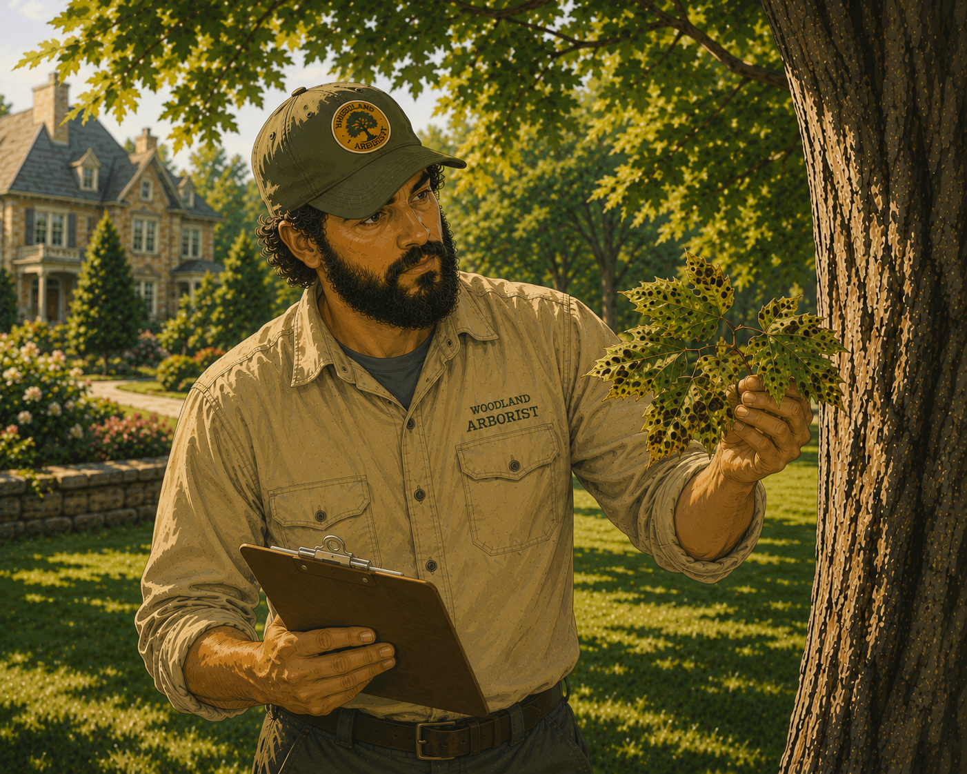 A male woodland arborist examining a tree branch with leaves, holding a clipboard in his left hand, outdoors in a residential area with trees and house in the background.