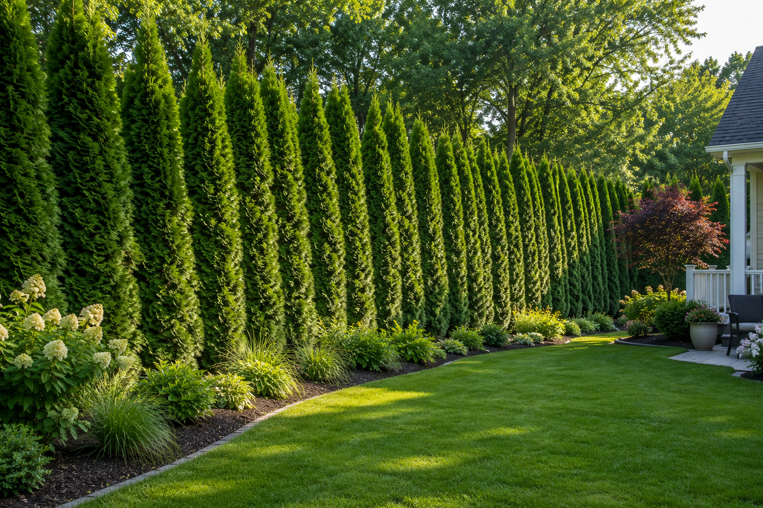 A well-maintained backyard with a green lawn, tall privacy hedges, and potted plants, a small bush with white flowers, and a corner of a porch with outdoor chairs.