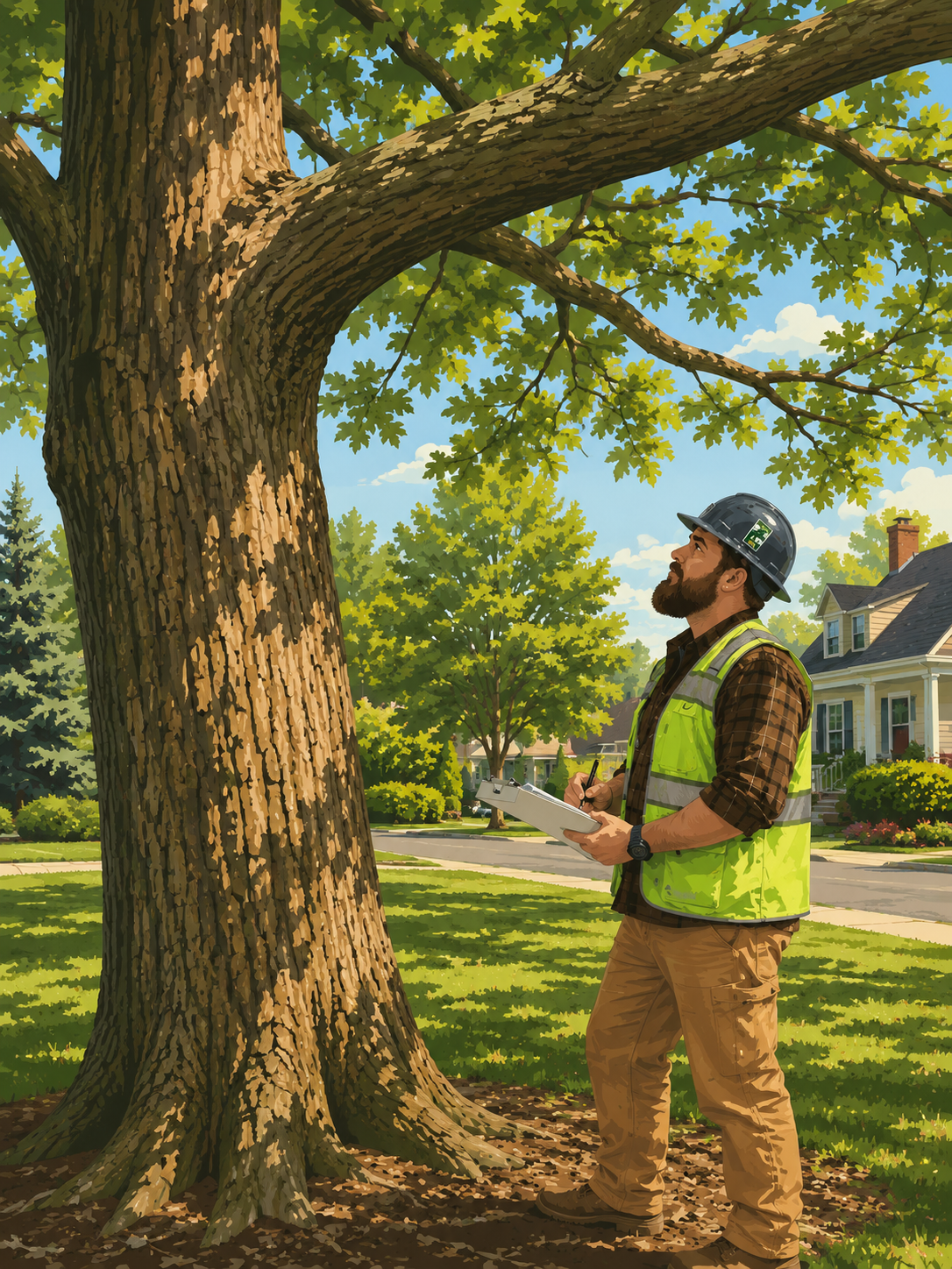 A man wearing a safety helmet and reflective vest inspecting a large tree with a clipboard and pen in a suburban neighborhood.