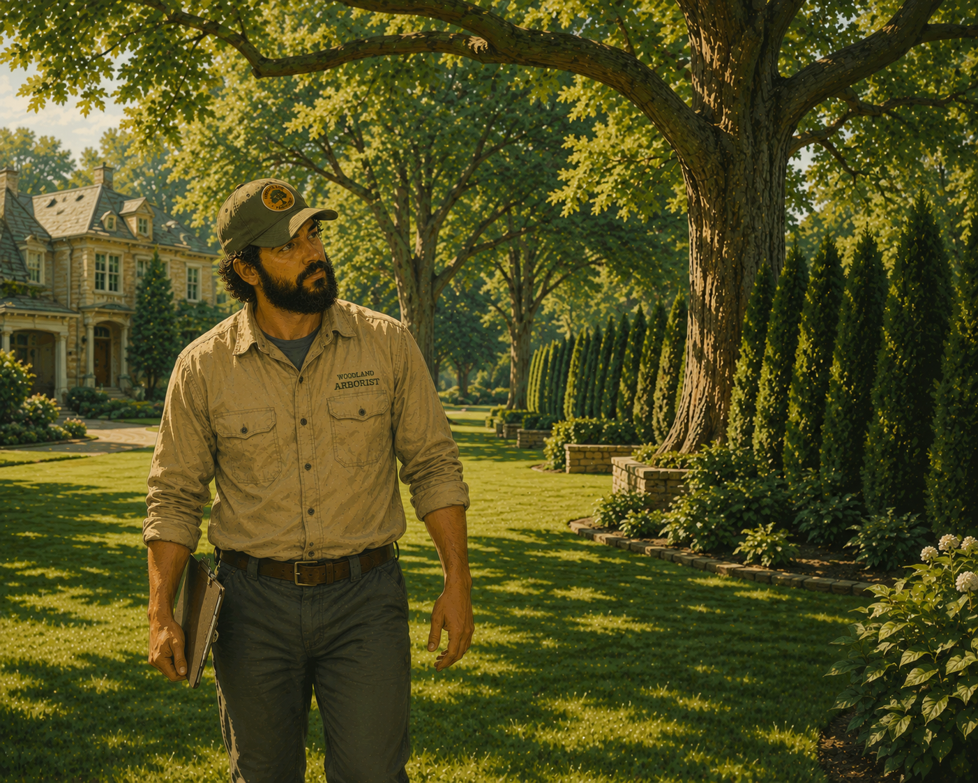 An arborist dressed as a woodland arborist walking through a lush, green garden with large trees and well-maintained bushes, holding a clipboard in his left hand.