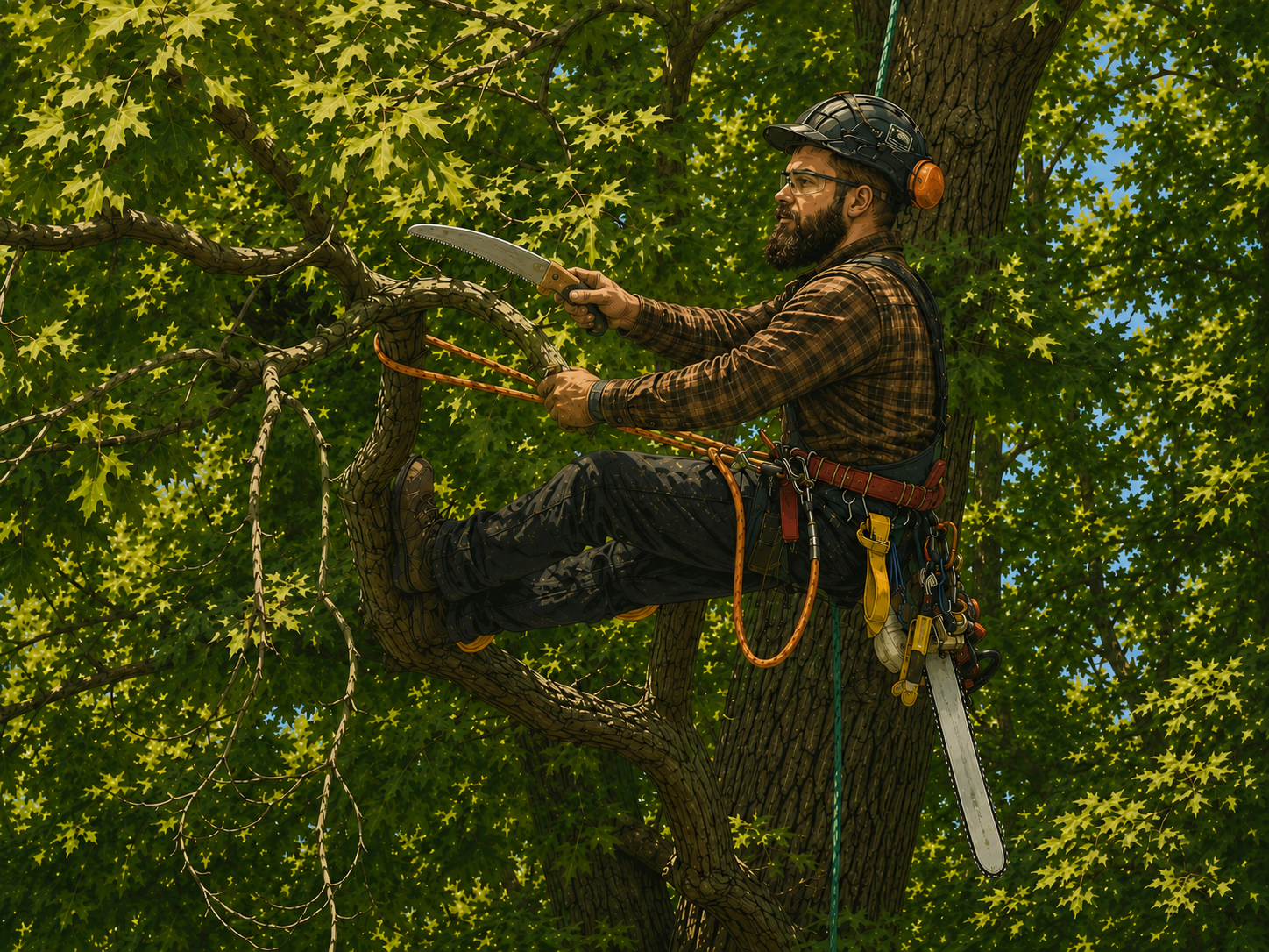A man with safety gear and a helmet is trimming a large tree with a handsaw while sitting on a branch, surrounded by green leaves.