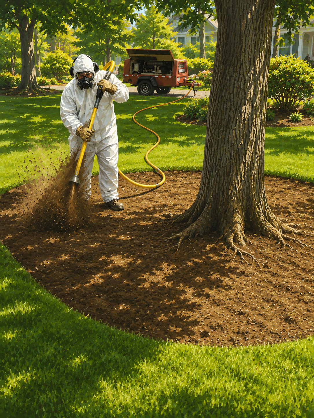 A person wearing protective gear and mask using a power tool to treat soil around a tree in a yard, with a red portable generator and green trees and bushes in the background.