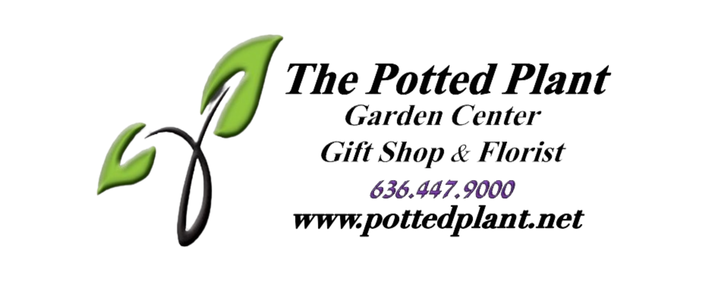 Business card for The Potted Plant Garden Center, showing a green and black leaf logo, pink and black name text, black slogan, purple phone number, and website URL www.pottedplant.net.