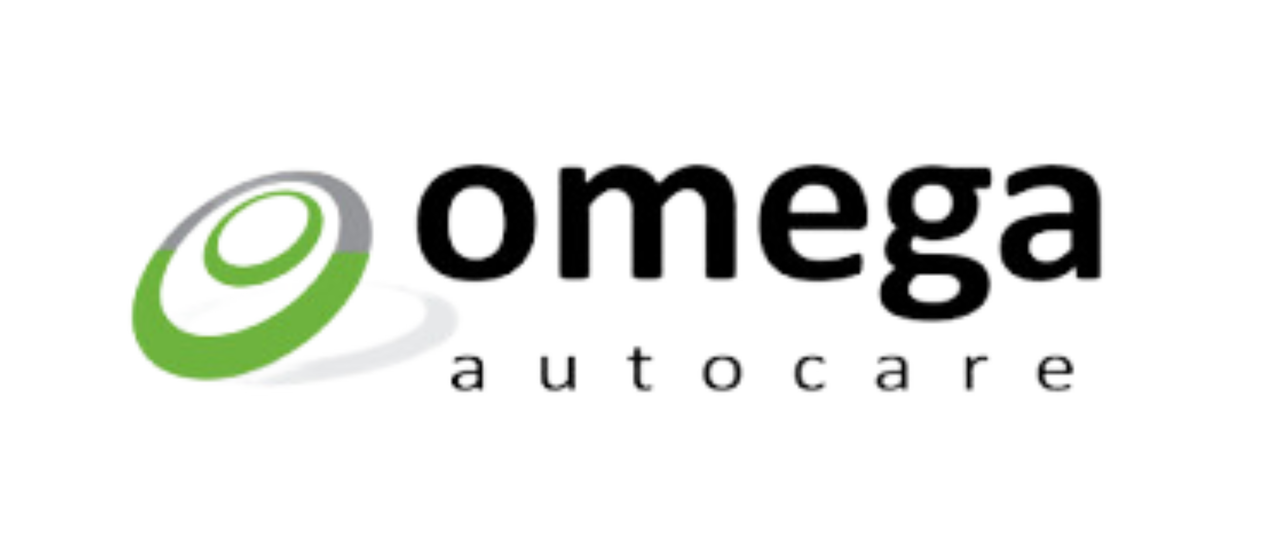 Logo for Omega Auto Care with a green and white circular graphic and the text "omega" in black and "auto care" underneath.