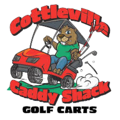A cartoon lion in a green shirt driving a red golf cart with the text 'Cottleville Caddy Shack Golf Cartz' surrounding the image.